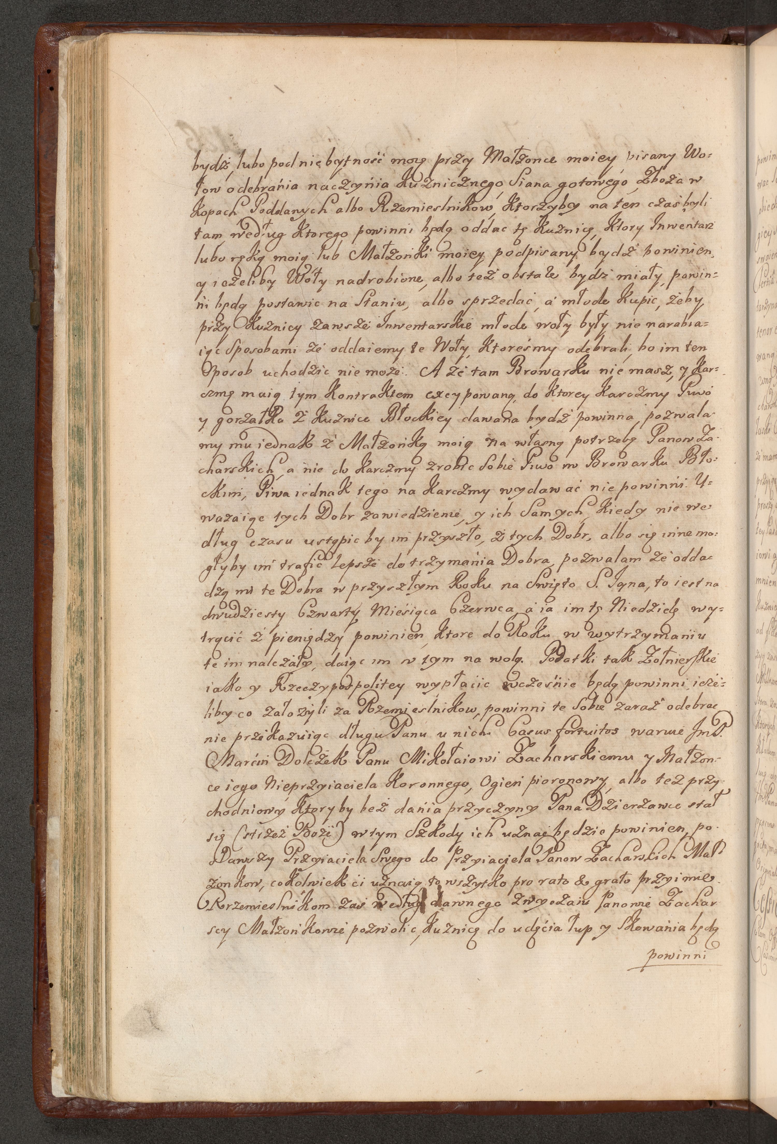 ok. 1714, folio 127 - zakończenie transakcji Doleżek-Zacharski, uzupełnienia z 1711 r. i początek nowego aktu Cessio Berezów. Transkrypcja końca transakcji: "Casus fortuitos waruie ImP. Marcin Dolezek Panu Mikołaiowi Zacharskiemu y Małżonce iego Nieprzyiaciela Koronnego, Ogien piorunowy, albo też przychodniowy który by bez dania przyczyny Pana Dzierżawce stał się - w tym szkody ich uznas będzie powinien, podawszy Przyiaciela Swego do Przyiaciela Panow Zacharskich Małżonków - cokolwiek ci uznaią to wszystko pro rato & grato przyjmie." Oświadczenie z 1711 r.: "Datum w Kuźnicy Błockiey Die Vigesima Tertia Maia Millesimo Septingentesimo Undecimo Anno. Jan Stanisław Dolezek." Deklaracja długu: "Stem zostałem dawnego długu za Ronia Złotych Osiemdziesiąt Tynfami których ieżeli nie przyimaw Summieniem dobrym oddać deklaruię - Jan Dolezek." Nagłówek kolejnego aktu: "Cessio Ferricudina in Berezów p Josnicki." Archiwum Kurii Metropolitalnej w Krakowie.
