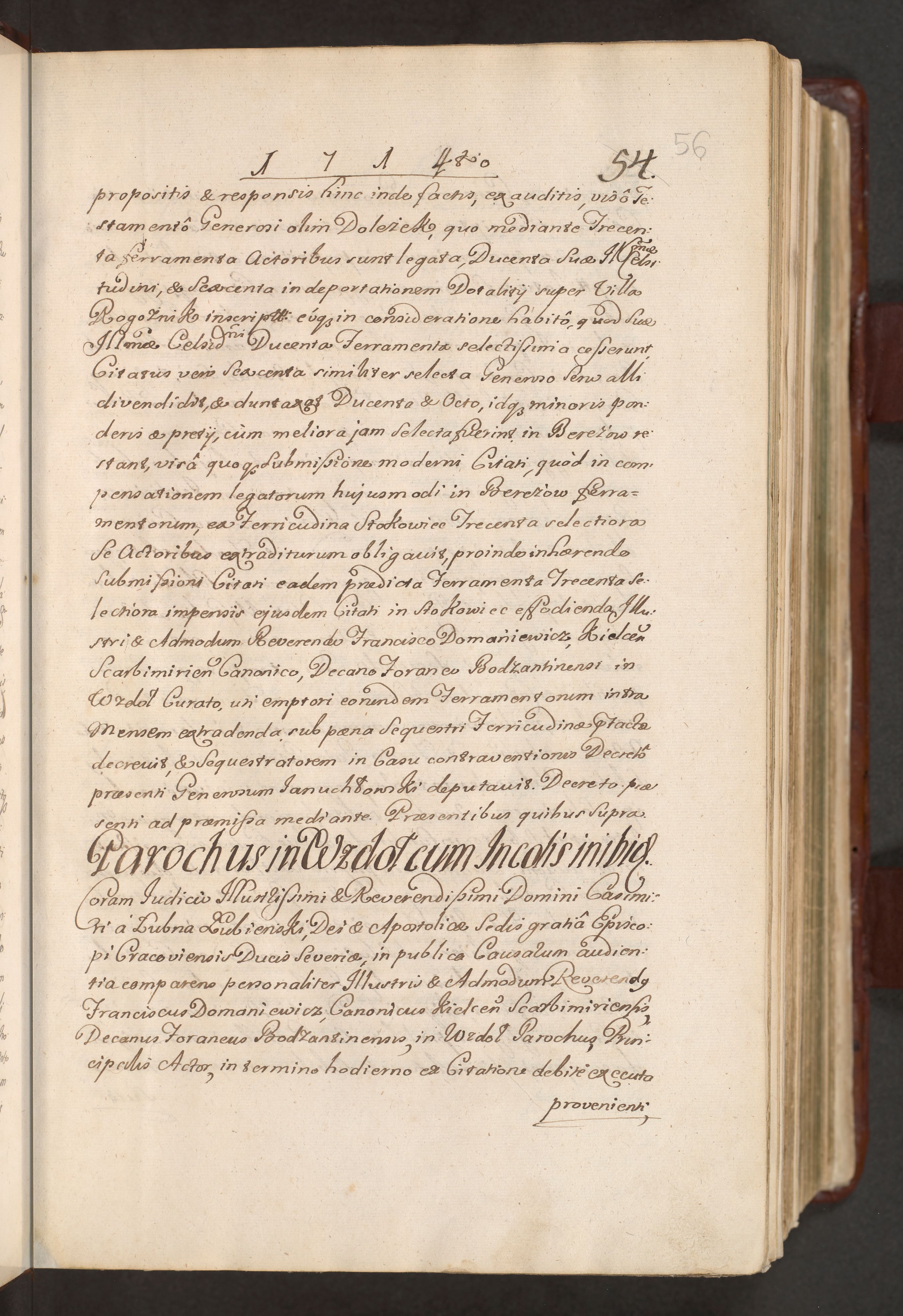 1714 r. - strona druga protokołu: treść sprawy Doleżek × Wąsowicz (Stokowice, Berezów, Serwallowie) oraz początek nowej sprawy "Parochus in Wzdol cum incolis inibi" (ks. Franciszek Domaniewicz, kanonik kielecki i skarbimirski, dziekan foralny bodzentyński). Archiwum Kurii Metropolitalnej w Krakowie.