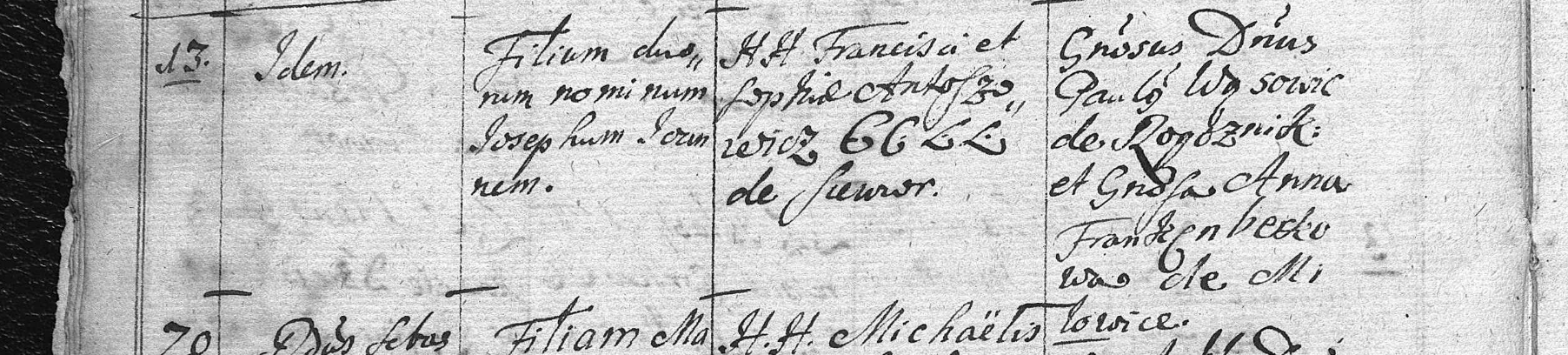 1725, par. Siewierz — akt nr 13 (*Idem*): chrzest Józefa Jana, syna Franciszka i Zofii Antoszowicz, mieszczan siewierskich (*H.H. CC LL de Siewierz*). Chrzestni: **Generosus Dominus Paulus Wąsowicz de Rogoźnik** i **Generosa Anna Frankenbeckowa de Miłowice**. FamilySearch sygn. 9RR7-HZH.