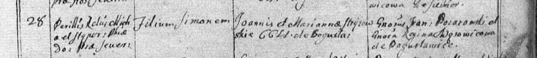 1731 r. - akt chrztu nr 28, par. Siewierz: chrzest **Szymona**, syna Jana i Marianny Stryjowskich z Boguchwałowic; chrzestni: **Pożarowski i Regina Wąsowiczowa**, oboje *de Boguchwałowic*. FamilySearch sygn. 9RR7-HZH.