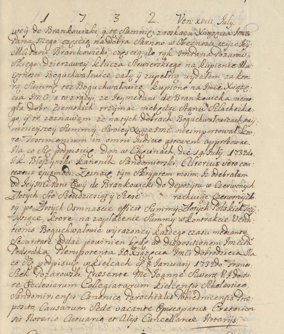 1732, strona 1 — nagłówek łaciński ingrosacji i początek zeznania J.K. Błeszyńskiego o wypłacie 17 000 złotych. Archiwum Kurii Metropolitalnej w Krakowie, Aadm 25.
