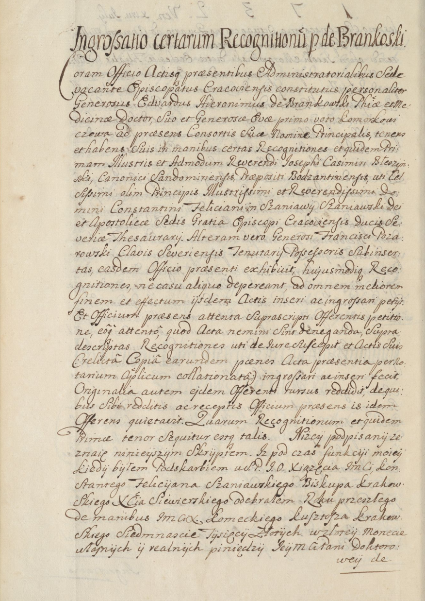 1732, strona 2 — zakończenie zeznania Błeszyńskiego (zakup Boguchwałowic na imię biskupa) i zeznanie Franciszka Pożarowskiego o depozycie 3000 zł. Archiwum Kurii Metropolitalnej w Krakowie, Aadm 25.