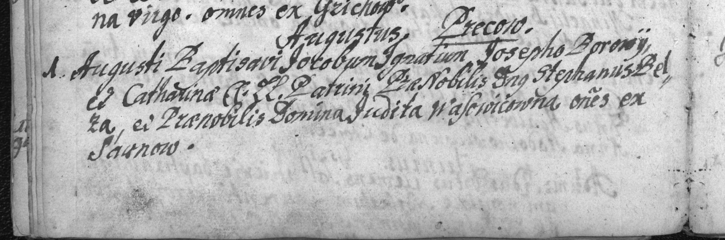 1 VIII 1736, par. Będzin, wieś Preczów — chrzest Jakuba Ignacego, syna Józefa Borowego i Katarzyny (*C. LL.*). Chrzestni: ***Praenobilis* Dnus Stephanus Belza** i ***Praenobilis* Domina Judita Wąsowiczówna**, *omnes ex Sarnow*. FamilySearch, par. Będzin.