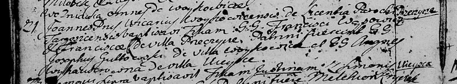1757, par. Wojkowice Kościelne — akt dotyczący bezimiennej córki Franciszka Wąsowicza i Franciszki z Bełzów z Przeczyce. Dziecko nie otrzymało imienia — prawdopodobnie martwe urodzenie lub zgon przed chrztem. Chrzestni: Józef Gutkowski z Wojkowic i Agnes [N.] z Ujejścia. Akt zapisał ks. Jan, wikariusz wojkowicki, z licencji proboszcza ks. Błażeja Mazurkiewicza.