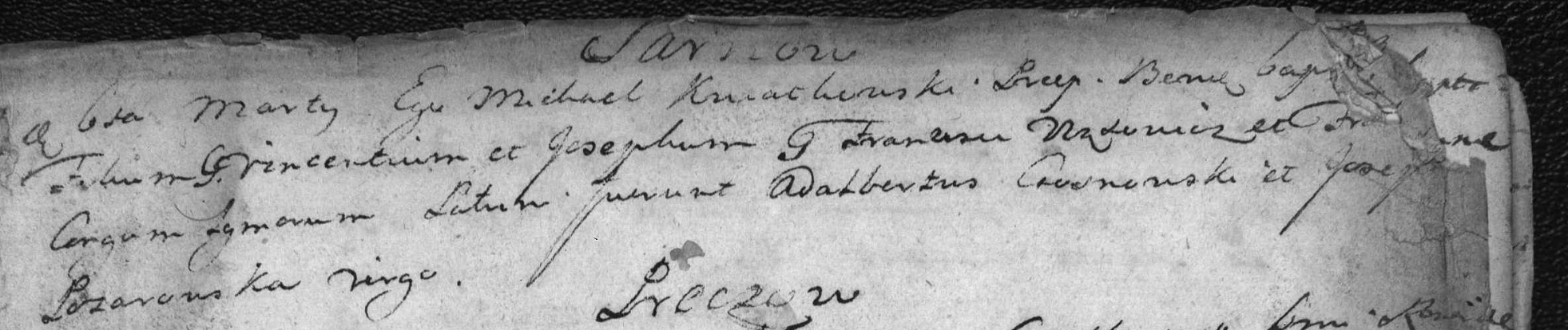 1762, par. Będzin, wieś Sarnów — chrzest **Wincentego Józefa**, syna Franciszka Wąsowicza i Franciszki (imię częściowo nieczytelne, widoczne jedynie „Fr…“). Chrzestni: Adalbertus Crasuski (Wojciech Krasucki) i Josepha Pożarowska virgo. Celebrans: ks. Michał Kwiatkowski, prepozyt będziński.