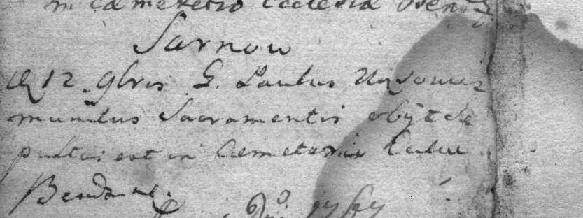1766, par. Będzin, wieś Sarnów — akt zgonu Generosus Paulus Wąsowicz, zaopatrzonego sakramentami, pochowanego na cmentarzu kościoła będzińskiego. Księga metrykalna par. Będzin.