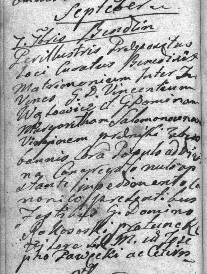 1788, par. Będzin, wrzesień, wpis nr 7 — ślub *G[enerosus] D[ominus] Vincentius Wąsowicz* z *G[enerosa] D[omina] Margaritha Salomonowna virgo*; po trzech zapowiedziach, bez przeszkód; świadkowie: G. D. Rokossowski i Josephus Pawecki. Par. Będzin.
