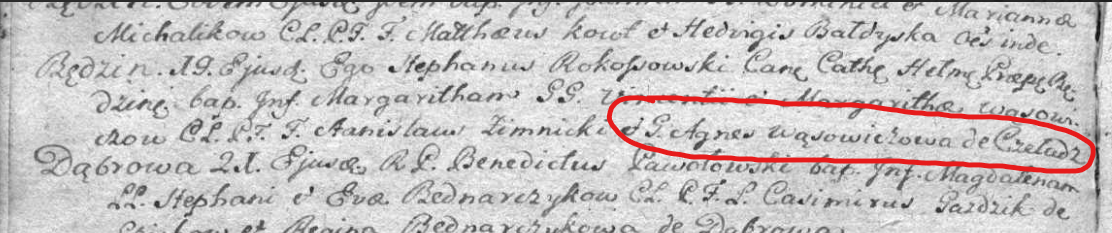 19 VII 1795, par. Będzin — chrzciny **Małgorzaty**, córki **Wincentego Wąsowicza** i jego żony **Małgorzaty Salomonówny**. Chrzestna (zaznaczona czerwonym kołem): ***Generosa* Agnes Wąsowiczowa de Czeladź** — wdowa po Franciszku Wąsowiczu (†2 V 1795), macocha Wincentego, niespełna 3 miesiące po śmierci męża. Par. Będzin.