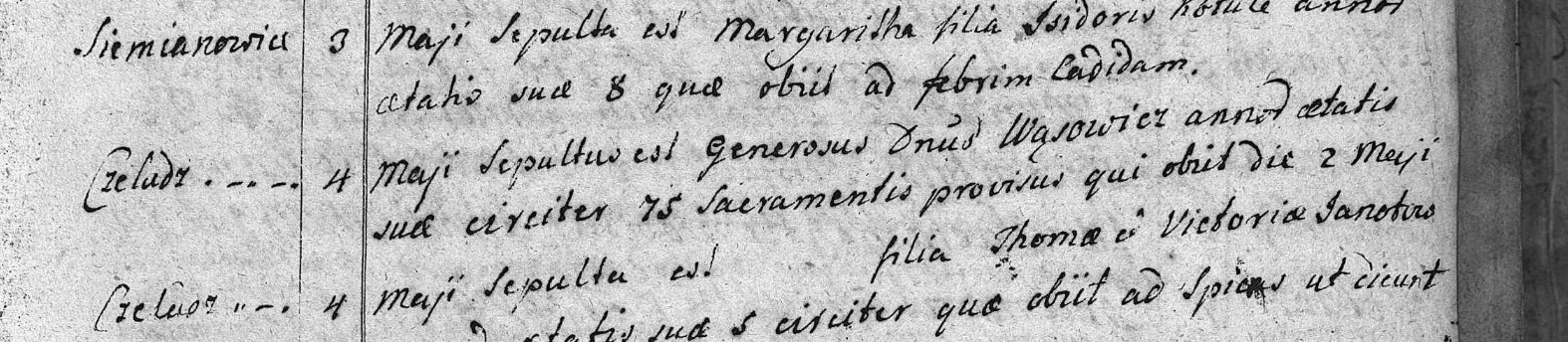 1795, par. Czeladź — akt zgonu: *Generosus Dominus Wąsowicz*, wiek ok. 75 lat, zaopatrzony sakramentami, zmarł 2 maja, pochowany 4 maja. Brak imienia — jak w aktach z 1784 r.