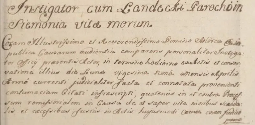 1748, Kielce — strona tytułowa sprawy „Instigator cum Landecki Parocho in Siemonia vita morum“. Sąd biskupa krakowskiego, księcia siewierskiego. Archiwum Kurii Metropolitalnej w Krakowie, AEp 89.