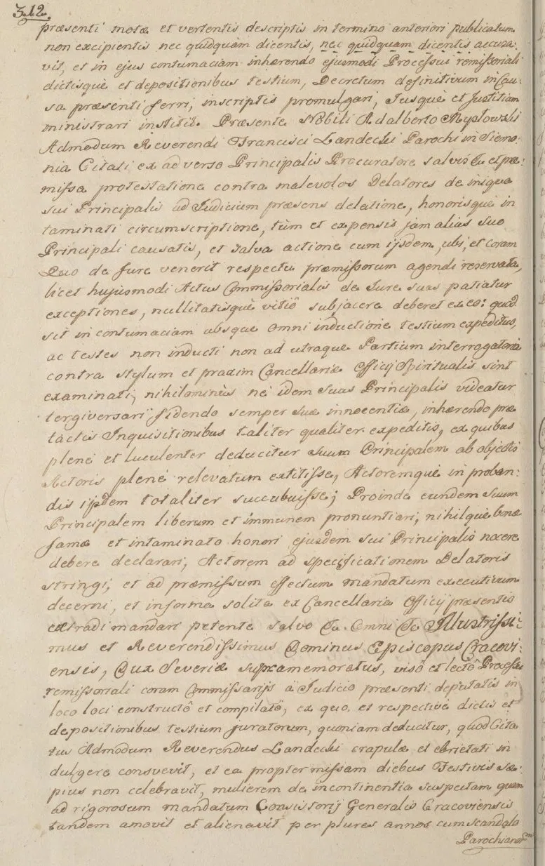 1748, folio 50 — kontynuacja sprawy: wystąpienie pełnomocnika ks. Landeckiego (Wojciech Myszkowski) z protestacją przeciw nieformalnemu przeprowadzeniu dochodzenia; żądanie uniewinnienia i wskazania donosiciela. Archiwum Kurii Metropolitalnej w Krakowie, AEp 89.