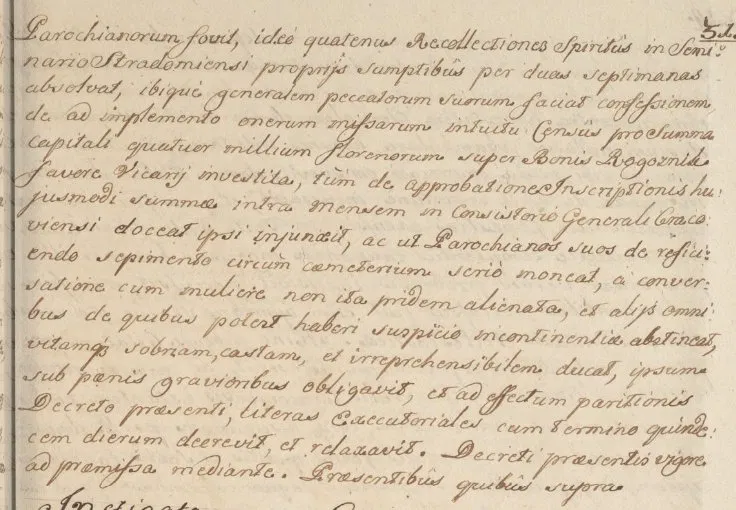 1748, folio 51 — zakończenie dekretu: nakaz rekolekcji w Seminarium Stradomskim, obowiązek dokumentacji fundacji na Rogoźniku, nakaz zerwania kontaktów z kobietą i prowadzenia życia trzeolwego; wystawienie listów wykonawczych z terminem 15 dni. Archiwum Kurii Metropolitalnej w Krakowie, AEp 89.