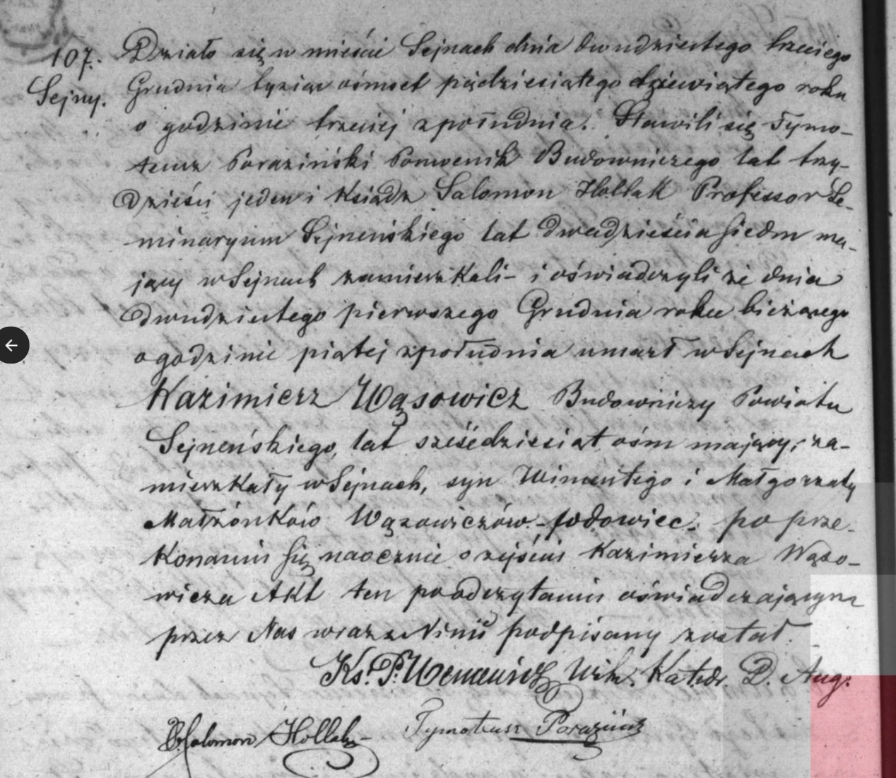 Akt zgonu Kazimierza Wąsowicza, Sejny, 21 XII 1859, nr 107