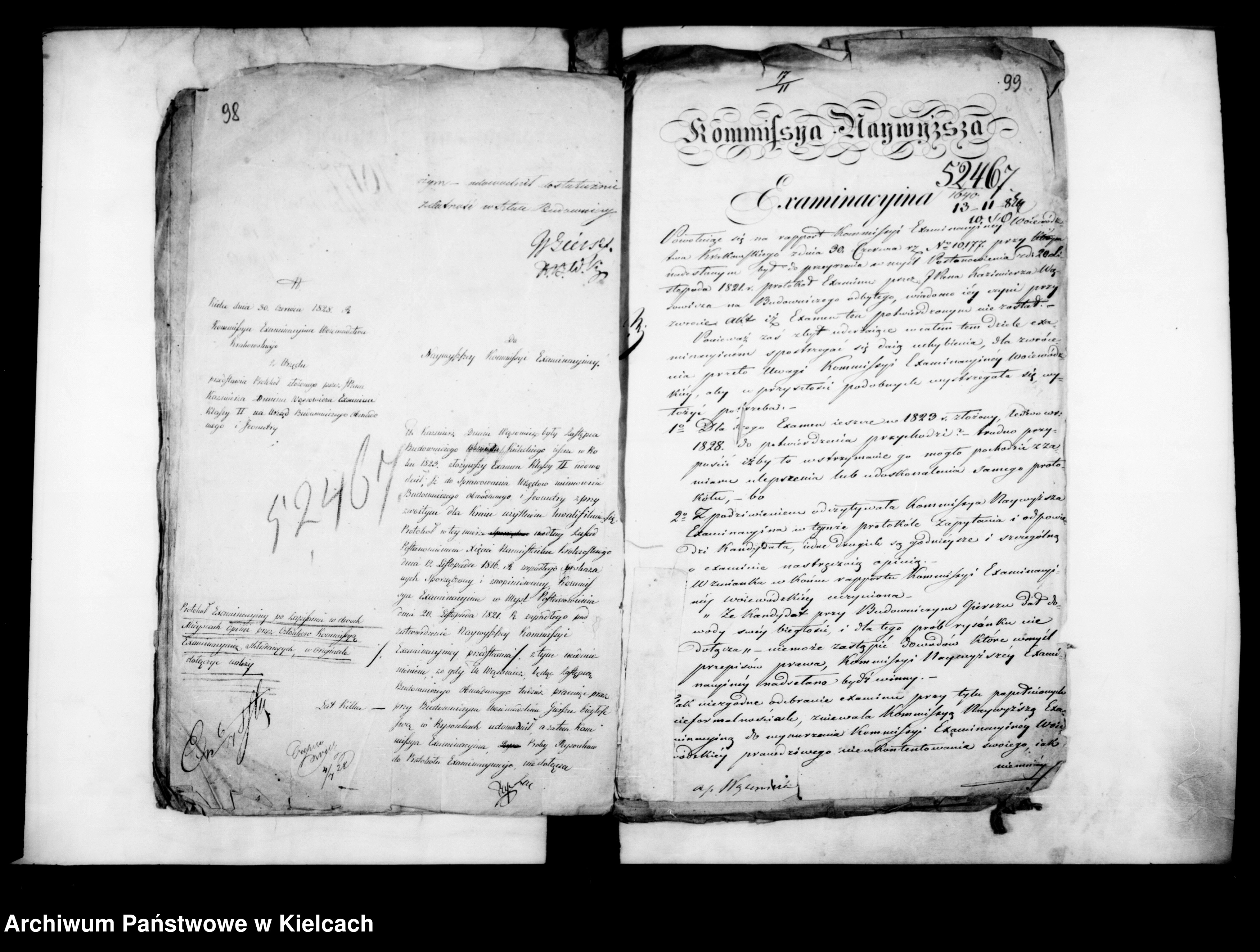 Komisja Najwyższa Examinacyjna, nr 52467, 10 X 1831 — poświadczenie egzaminu kwalifikacyjnego Kazimierza Wąsowicza (str. 98–99 akt)