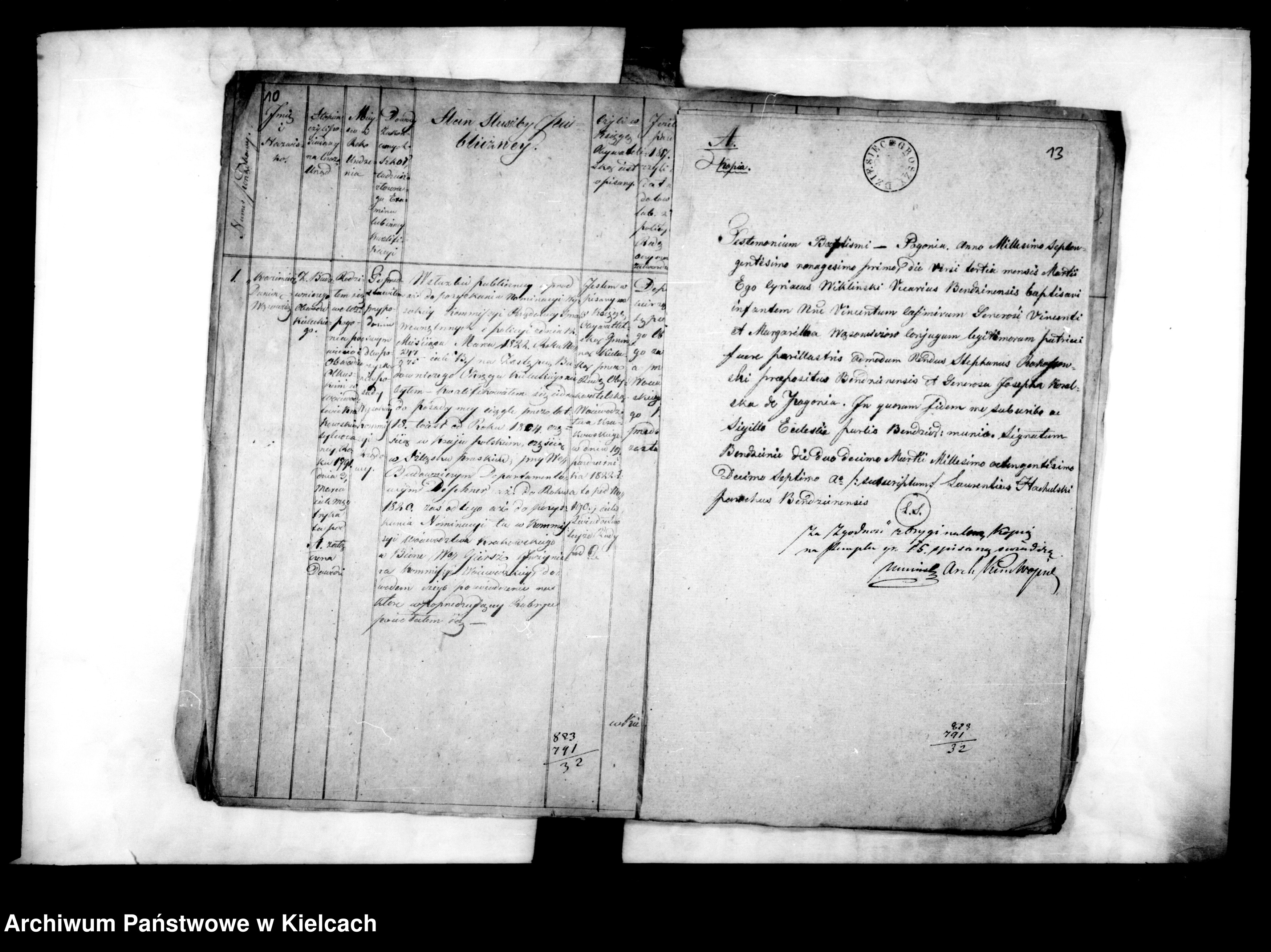 Testimonium Baptismi Kazimierza Wąsowicza, Pogoń par. Będzin, 3 III 1791 — odpis wydany w Będzinie 10 III 1810