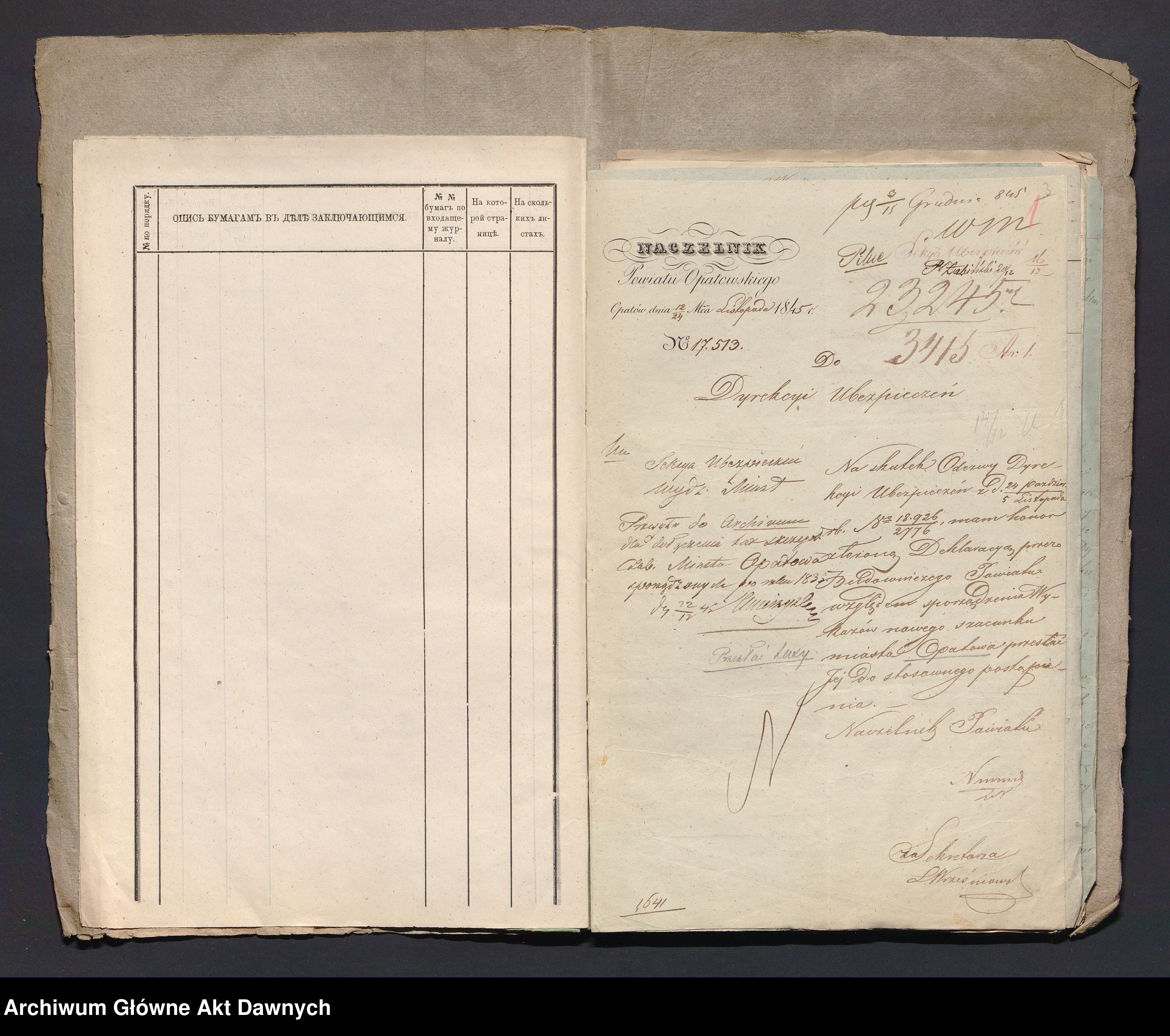 Pismo Naczelnika Powiatu Opatowskiego do Dyrekcji Ubezpieczeń, Opatów 14 XI 1845, nr 17513