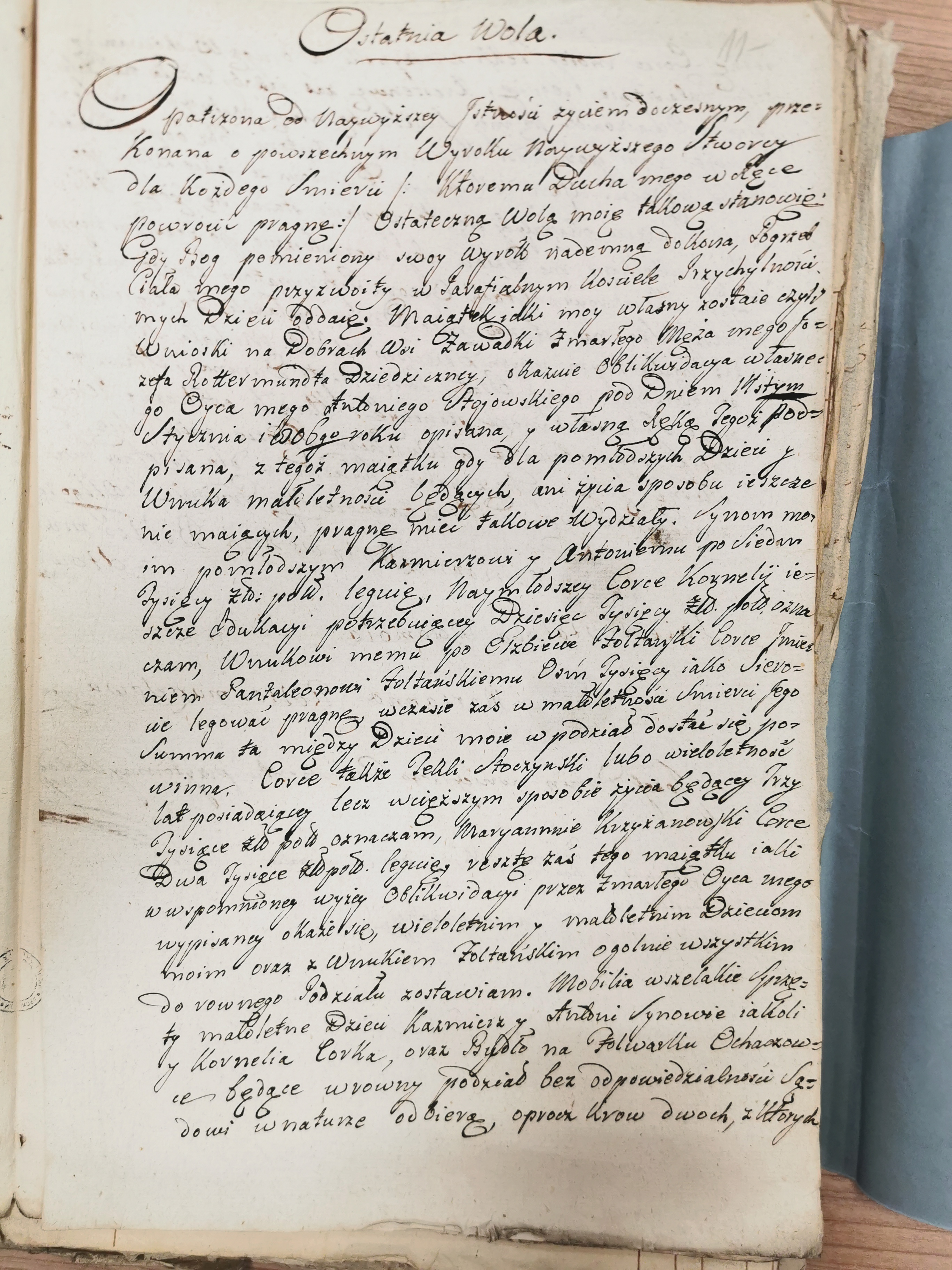 *Ostatnia Wola* Marianny z Jordan-Stojowskich Rottermundowej, Zawadka, 4 grudnia 1810 r. - pierwsza strona zachowanego fragmentu z zapisami dla dzieci i wnuka Pantaleona Foltańskiego (8 000 złp) oraz wzmianką o folwarku **Ochaczówce**. Archiwum Narodowe w Krakowie, S. 2095.