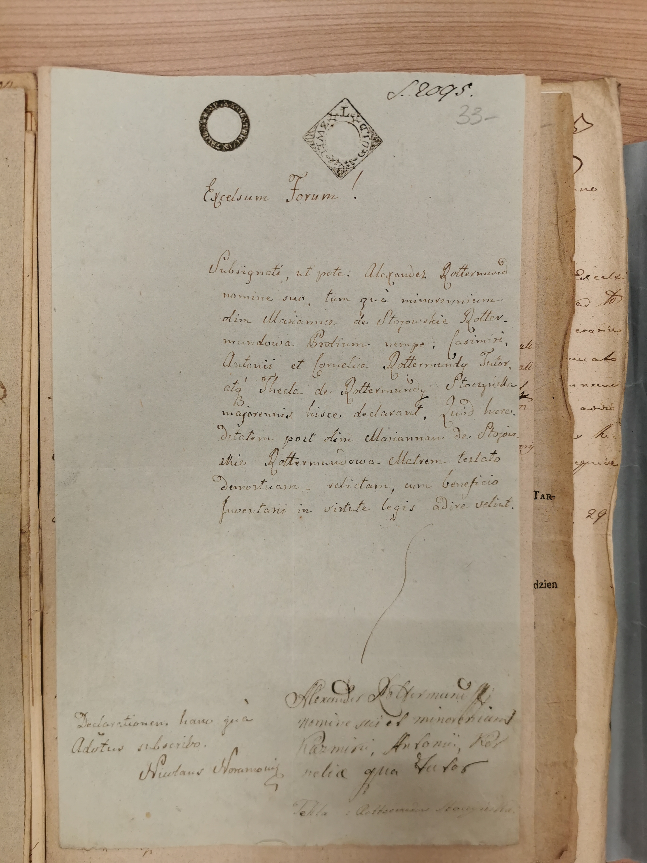 Deklaracja przyjęcia spadku po Mariannie Rottermundowej *cum beneficio Inventarii* (sygn. N. 2095/33). Aleksander Rottermund w imieniu własnym i jako opiekun małoletnich Kazimierza, Antoniego i Kornelii oraz **Tekla z Rottermundów Stoczyńska** (własnoręczny podpis pełnoletniej córki testatorki) oświadczają przyjęcie spadku. Archiwum Narodowe w Krakowie, S. 2095.