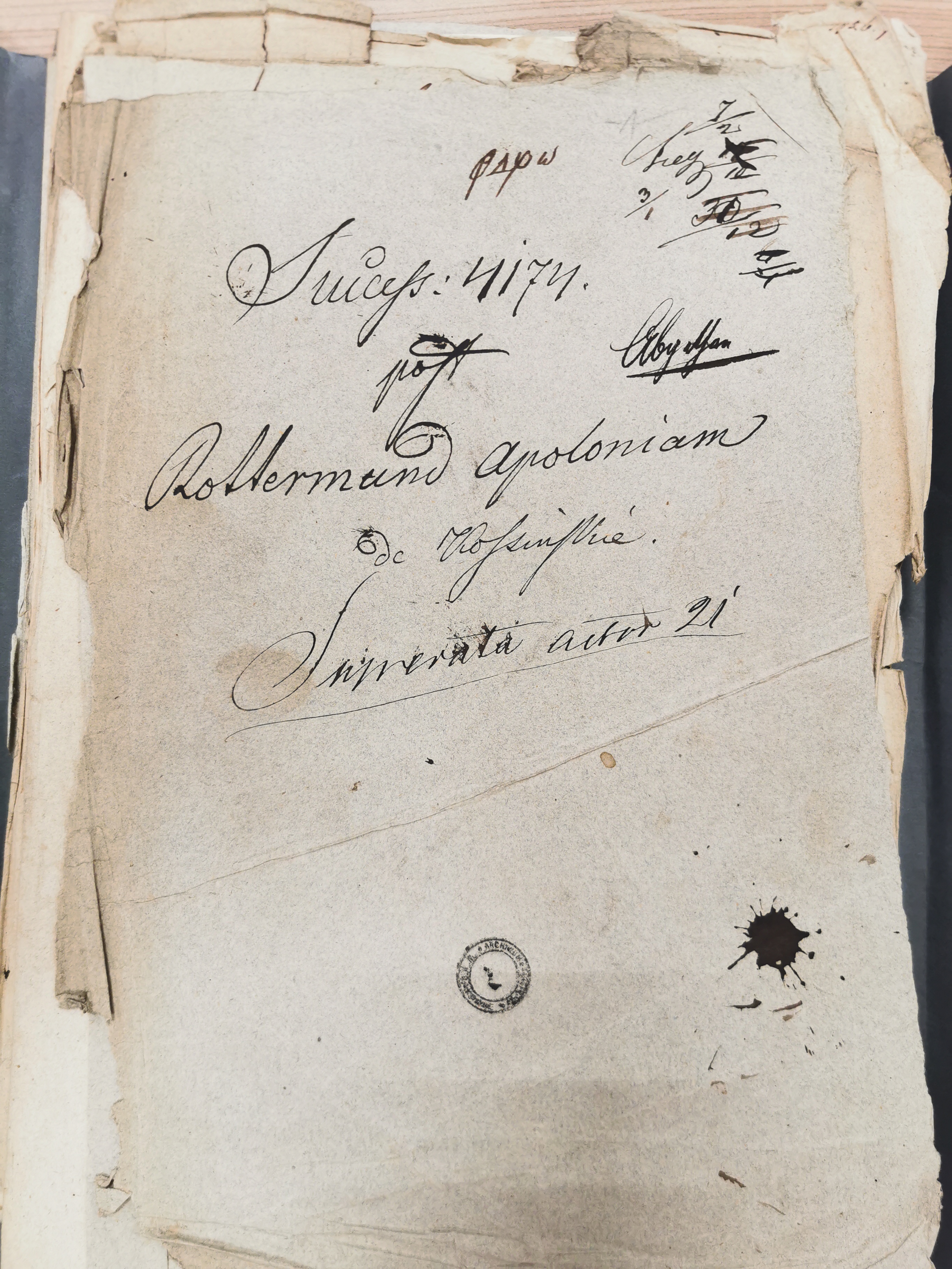 Okładka teczki *Successio 4174 post Rottermund Apoloniam de Kosińskie*, akta spadkowe Apolonii z Kosińskich Rottermundowej, 1832-1853. Sygnatura S. 4174, *Numerata actor 21*. Archiwum Narodowe w Krakowie.