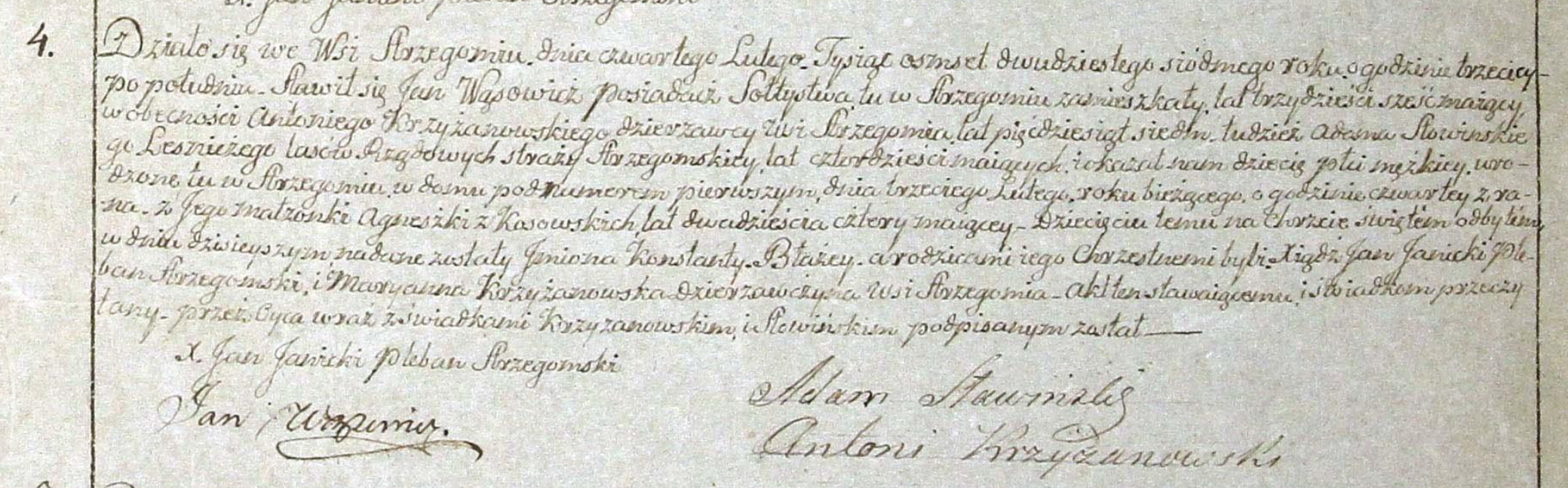 Akt urodzenia Konstantego Błażeja Wąsowicza, par. Strzegom nr 4/1827