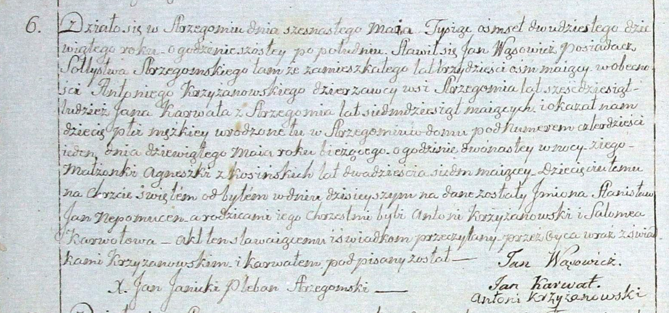 Akt urodzenia Stanisława Jana Nepomucena Wąsowicza, par. Strzegom nr 6/1829 (16 V 1829)