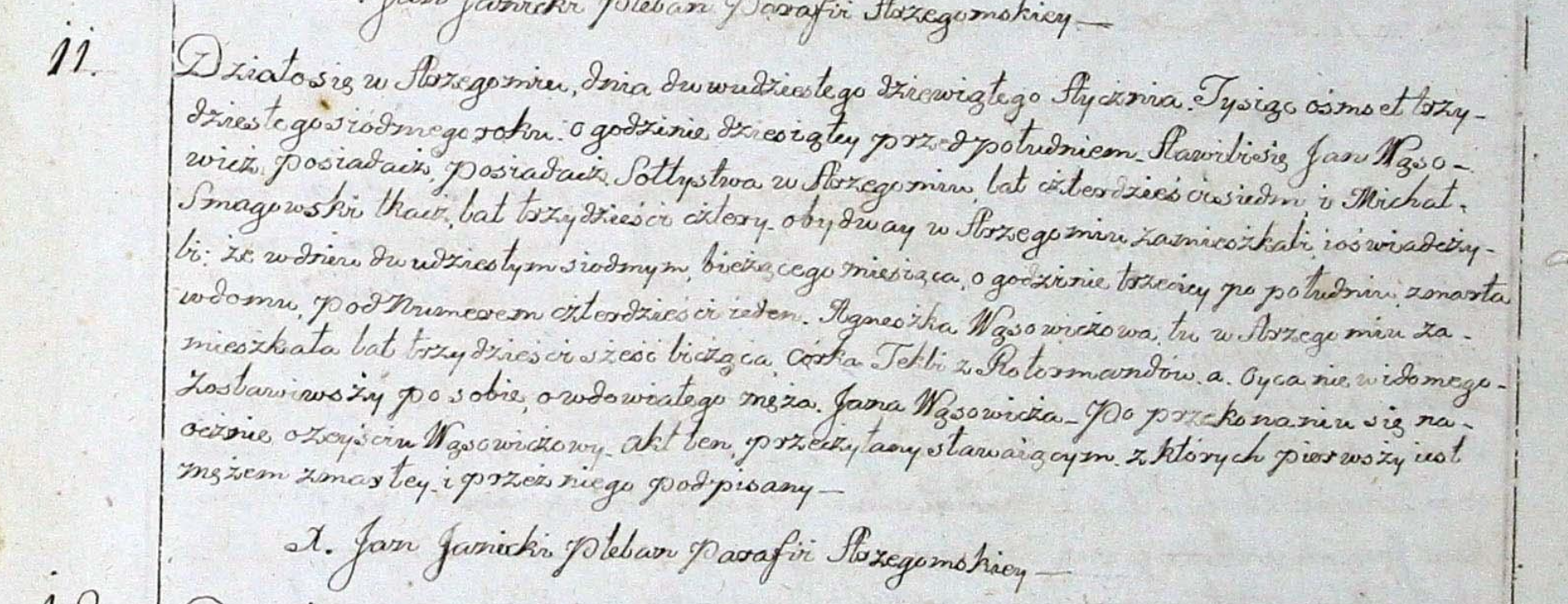 Akt zgonu Agnieszki z Kosińskich Dunin-Wąsowiczowej, par. Strzegom nr 11/1837 (29 I 1837)