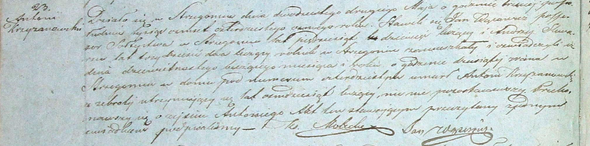 Akt zgonu Antoniego Krzyżanowskiego, par. Strzegom nr 23/1849 — status: „z żebroty utrzymujący się"