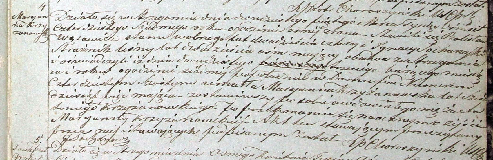 Akt zgonu Marianny Krzyżanowskiej, par. Strzegom nr 4/1847 — ks. Piotr Choroszyński proboszcz