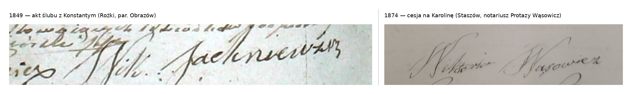 Porównanie podpisów Wiktorii: 1849 (akt ślubu z Konstantym) i 1874 (cesja)
